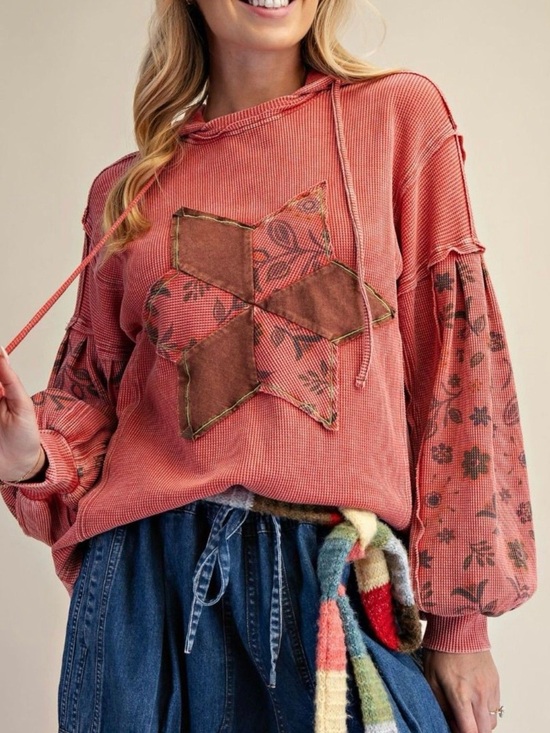 easel Tops - Easel Mineral Wash Patchwork Boho Pinwheel Star Patch Hoodie NWT